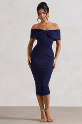 Navy Bow Bardot Midi Dress